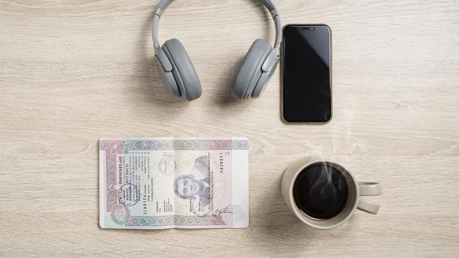 Un plano cenital de un pasaporte abierto, un smartphone con la pantalla apagada, unos auriculares y una taza de café sobre una mesa de madera, listo para un viaje.
