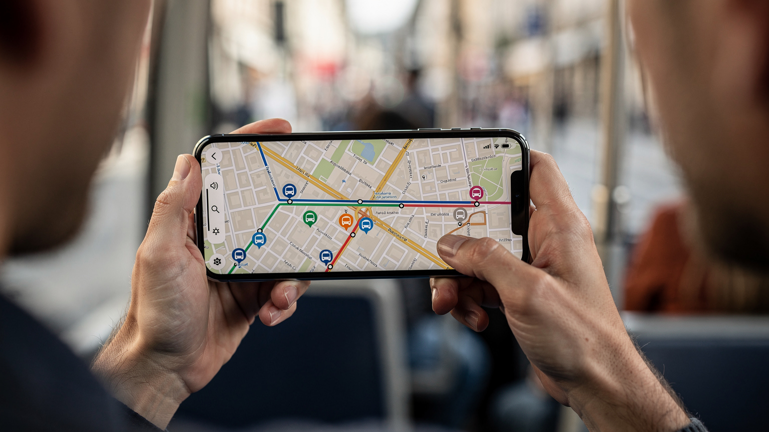 Un primer plano de manos humanas sosteniendo un smartphone, con un mapa digital de una ciudad europea en la pantalla, mostrando una ruta de transporte público.