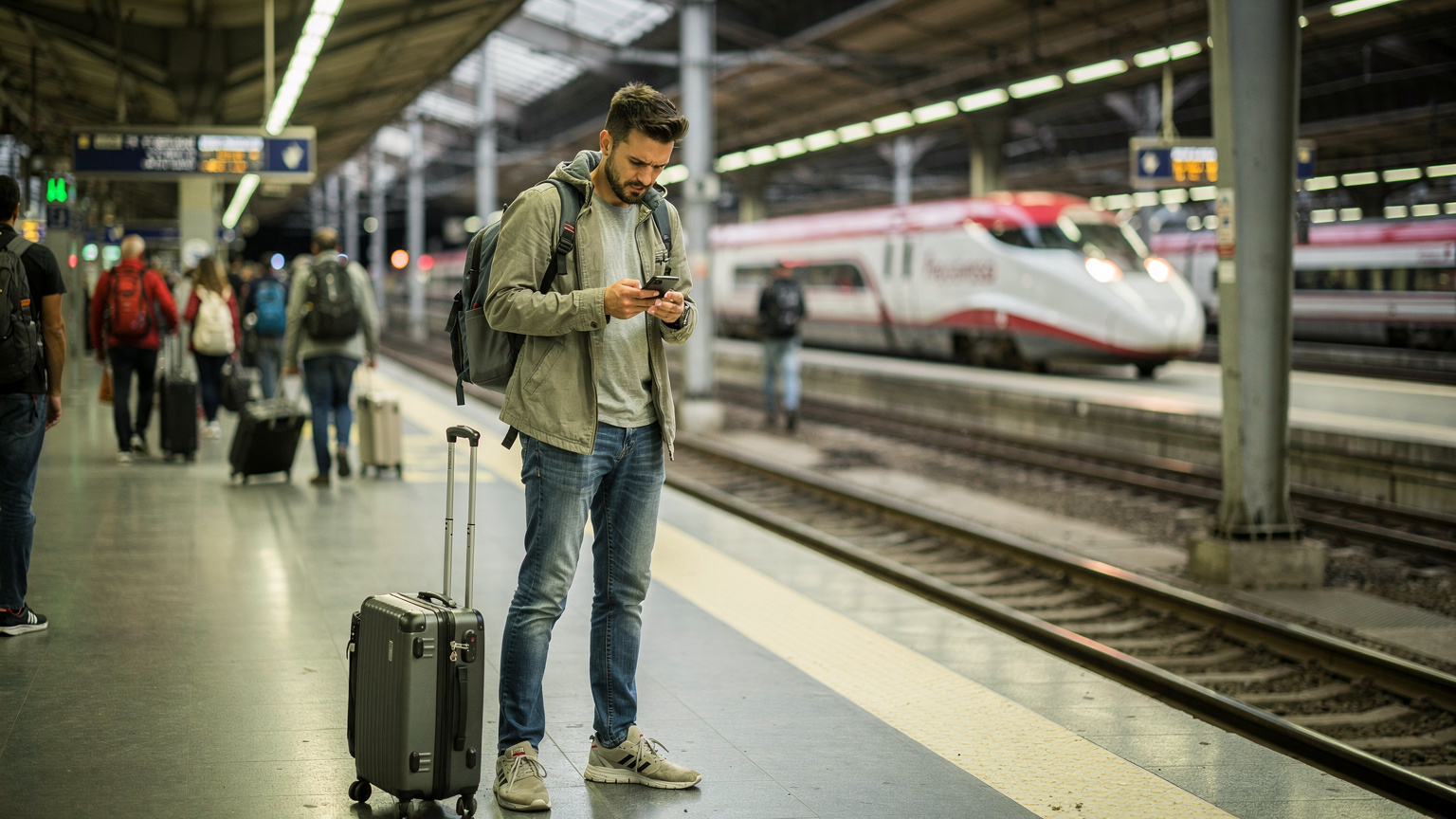 Un viajero en la estación de tren de Roma Termini, mirando su teléfono con una expresión de frustración, mientras un tren parte en el fondo.