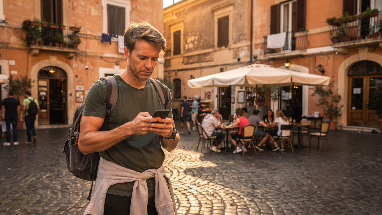 Un viajero consulta su teléfono buscando indicaciones en una bulliciosa plaza en el barrio de Trastevere, Roma, con la arquitectura histórica de fondo.