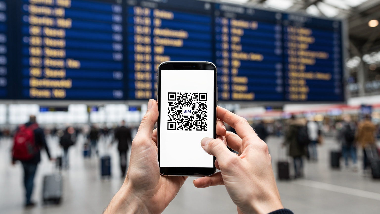 Δύο χέρια κρατούν ένα smartphone που εμφανίζει έναν QR κωδικό eSIM, έτοιμο για σάρωση, μπροστά από έναν πίνακα αναχωρήσεων σε έναν πολυσύχναστο ευρωπαϊκό σιδηροδρομικό σταθμό.