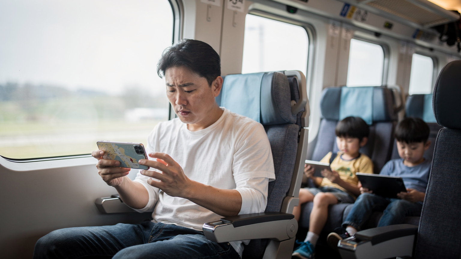 A parent carefully examining their smartphone screen, displaying a map application, while two children are engrossed in their tablets in the background on a bullet train in South Korea.