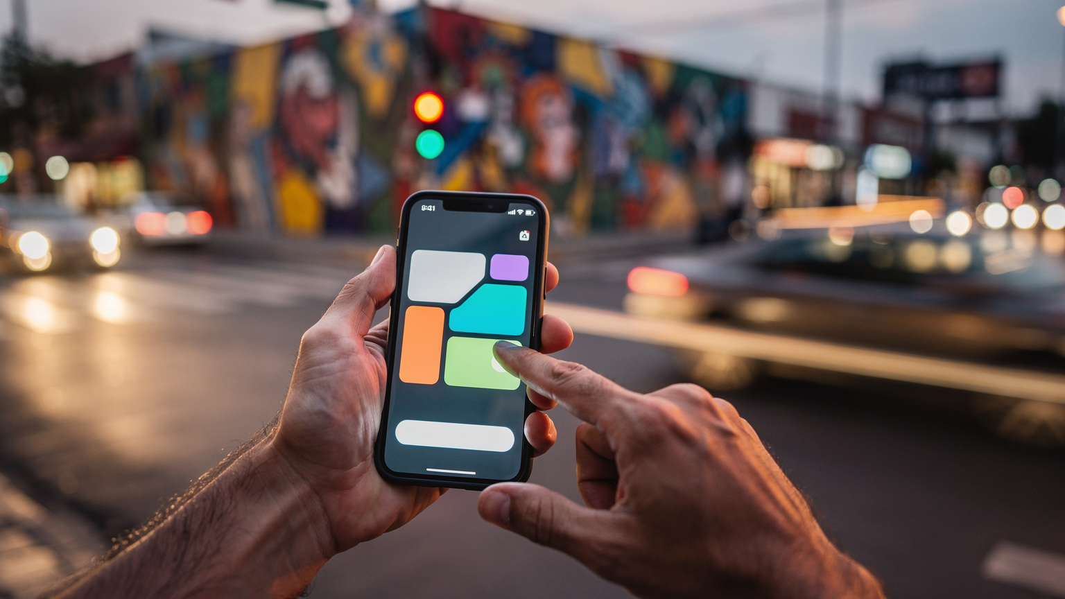 Le mani di un nomade digitale italiano tengono uno smartphone con l'app di ride-sharing DiDi aperta, mentre si prepara a chiamare un taxi in un vivace incrocio stradale a Città del Messico al tramonto.