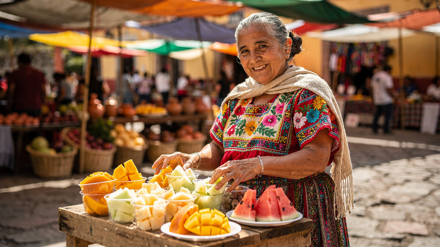 Una donna anziana messicana vende frutta fresca tagliata in una bancarella colorata del mercato a Oaxaca, Messico, con un sorriso accogliente, mettendo in mostra l'autenticità e la vita quotidiana.