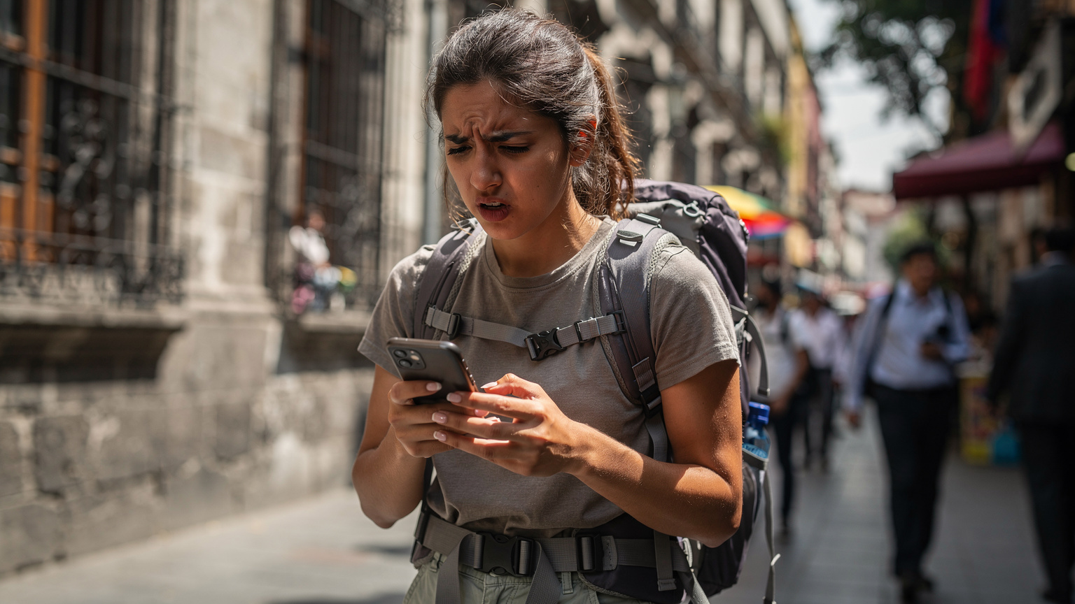 Un voyageur à la mine préoccupée regarde son téléphone, visiblement frustré par un problème de connexion ou une arnaque au distributeur, sur un trottoir animé de Mexico City, au Mexique, avec des bâtiments historiques en arrière-plan.