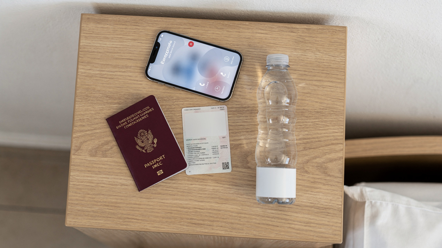 Une carte d'identité ou un passeport français posé sur une table de chevet avec un téléphone portable affichant un écran d'appel d'urgence et une petite bouteille d'eau, dans une chambre d'hôtel simple mais propre au Mexique, le tout sous une lumière douce du matin.