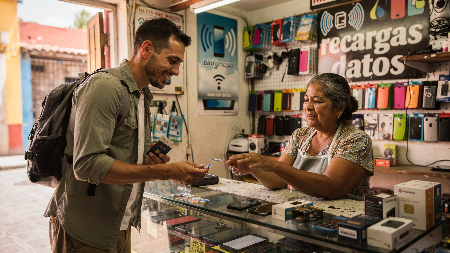 Un voyageur souriant achète une carte SIM locale dans une petite boutique de téléphonie mobile colorée et légèrement désordonnée d'une ville mexicaine, le vendeur lui tendant la carte.
