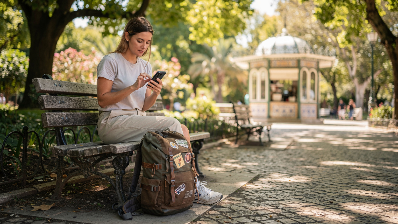 Uma viajante de mochila, sentada em um banco de parque em Lisboa, configurando seu Samsung Galaxy S26 com um eSIM.