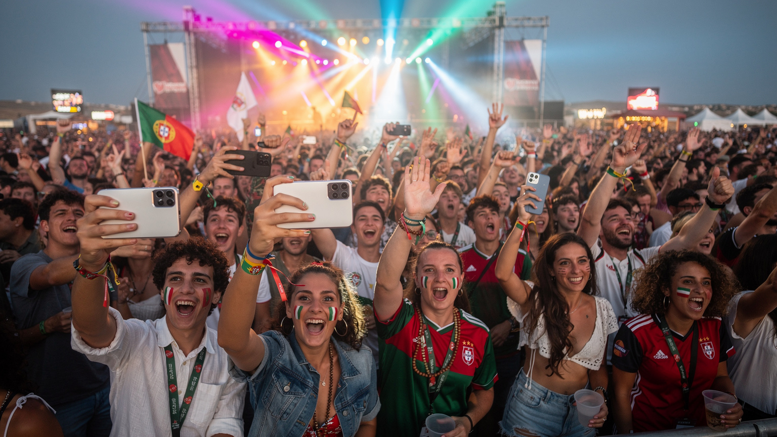 Uma multidão animada em um festival de música português, com algumas pessoas levantando seus telefones para filmar ou postar.
