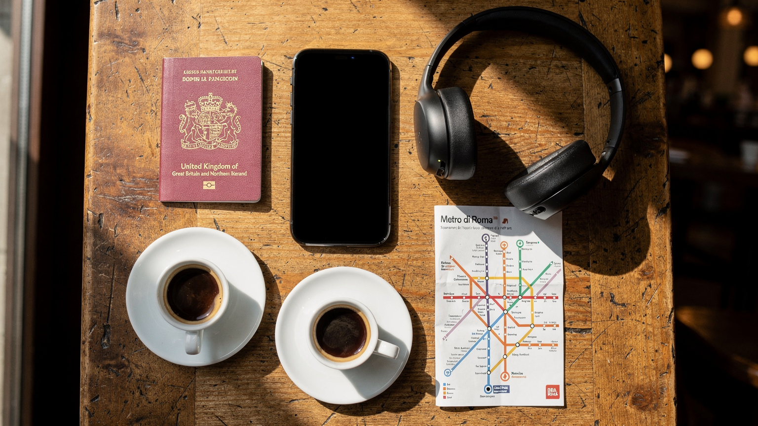 An overhead flat-lay shot on a rustic wooden table featuring an iPhone, a passport, a pair of wireless headphones, a small espresso cup, and a local transit map, suggesting travel and remote work.