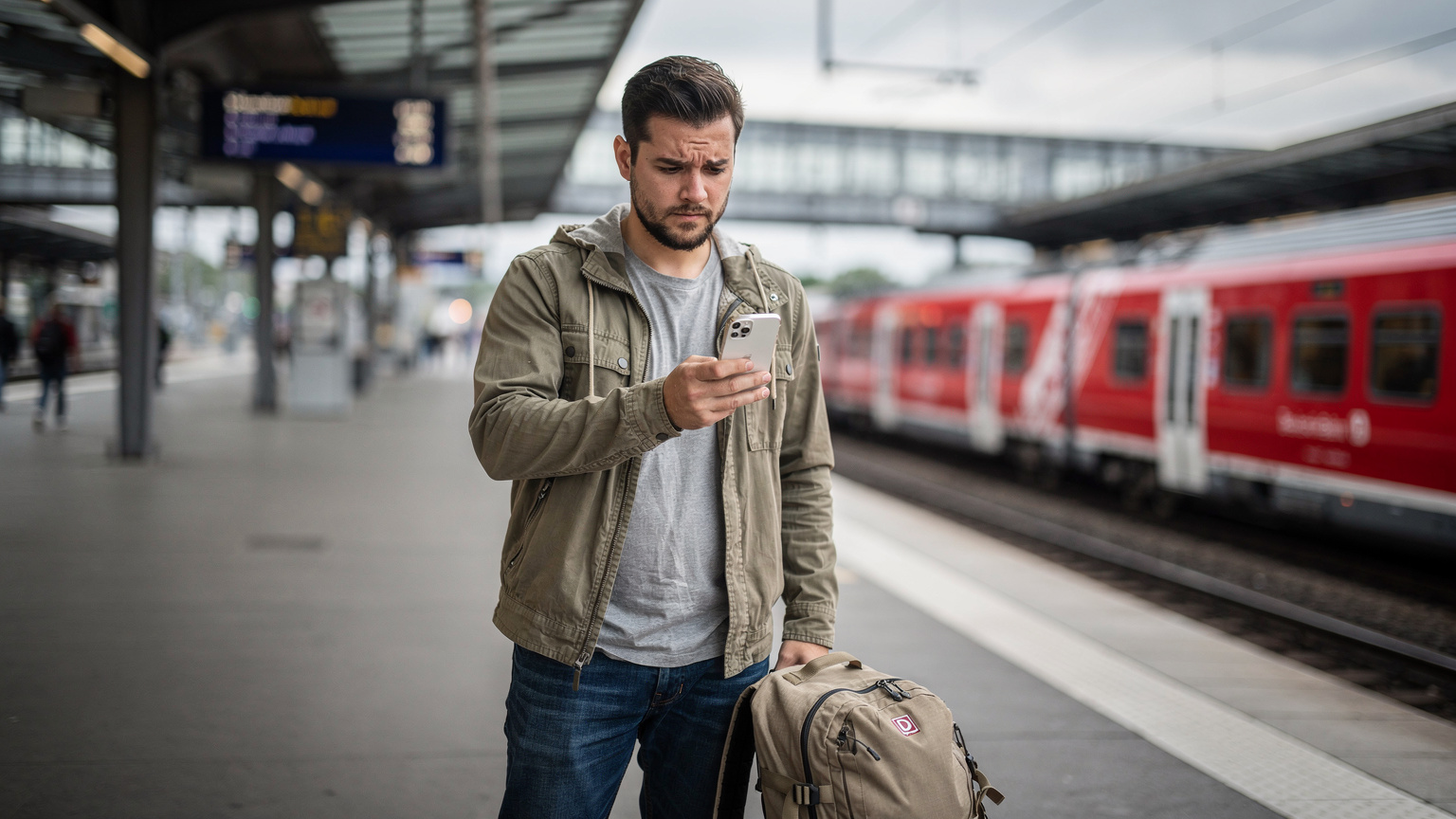 A frustrated traveler looking at their iPhone with a 'No Service' error, sitting at a train station platform in Berlin, Germany, with a backpack by their feet.
