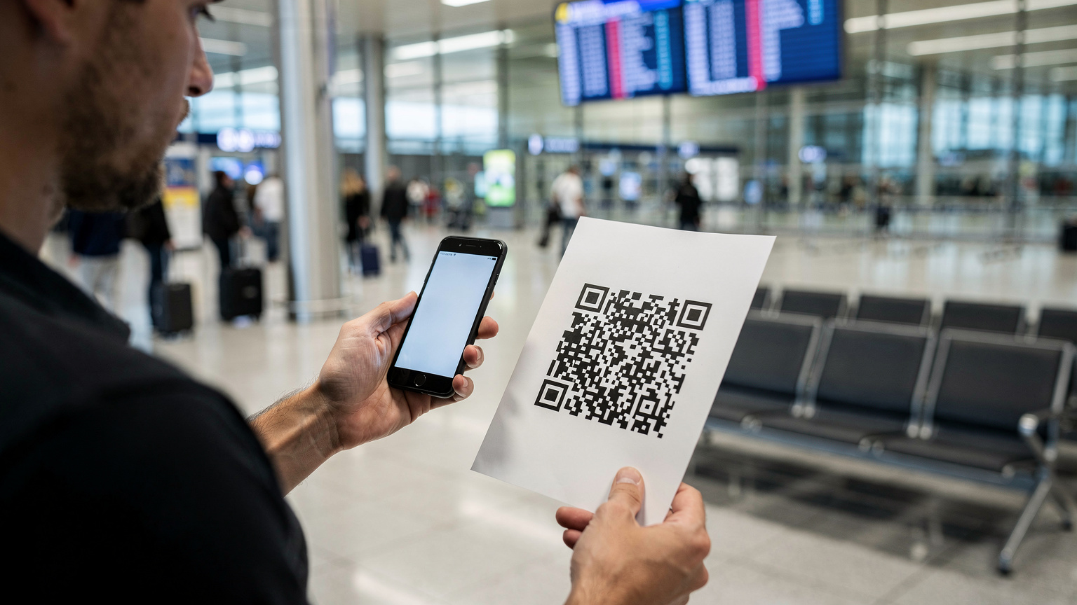 Eine Person scannt an einem belebten Flughafen mit ihrem Smartphone einen QR-Code, der auf einem ausgedruckten DIN A4-Blatt abgebildet ist, während im Hintergrund Passagiere und Gepäckbänder vorbeiziehen.