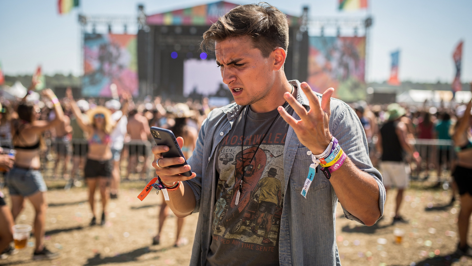 Ein junger Mann mit Festivalbändchen schaut frustriert auf sein Smartphone, das eine 'Kein Netzwerk'-Meldung anzeigt, während im Hintergrund eine riesige Menschenmenge auf einem Open-Air-Festival tanzt und feiert.
