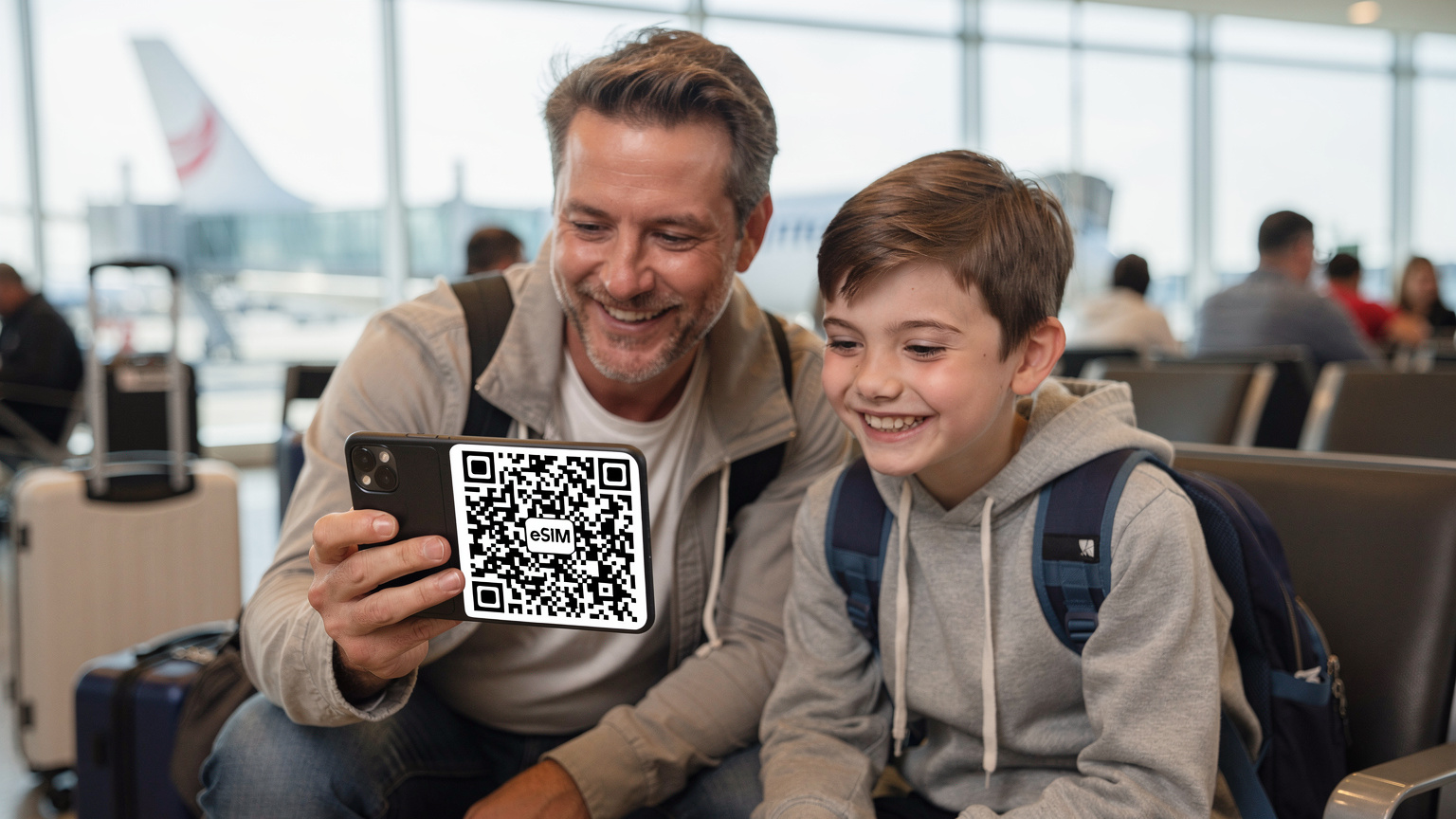 Um pai e filho sorrindo enquanto olham para um QR Code de ativação eSIM em um smartphone, em um ambiente de aeroporto movimentado.