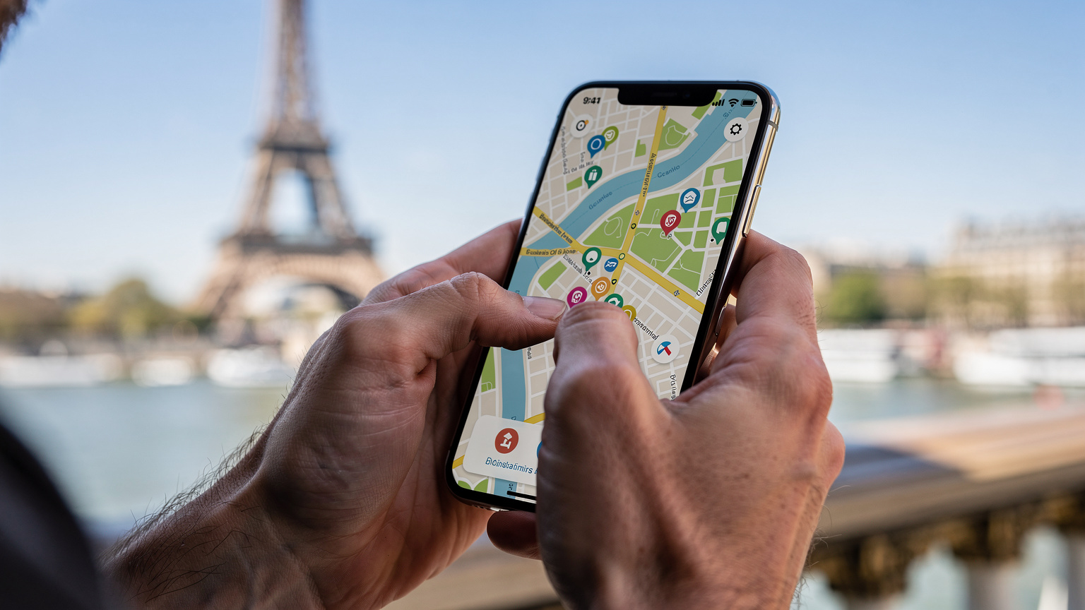 Mãos de um homem usando um smartphone para navegar em um aplicativo de mapas, com a Torre Eiffel ao fundo, em um dia claro.