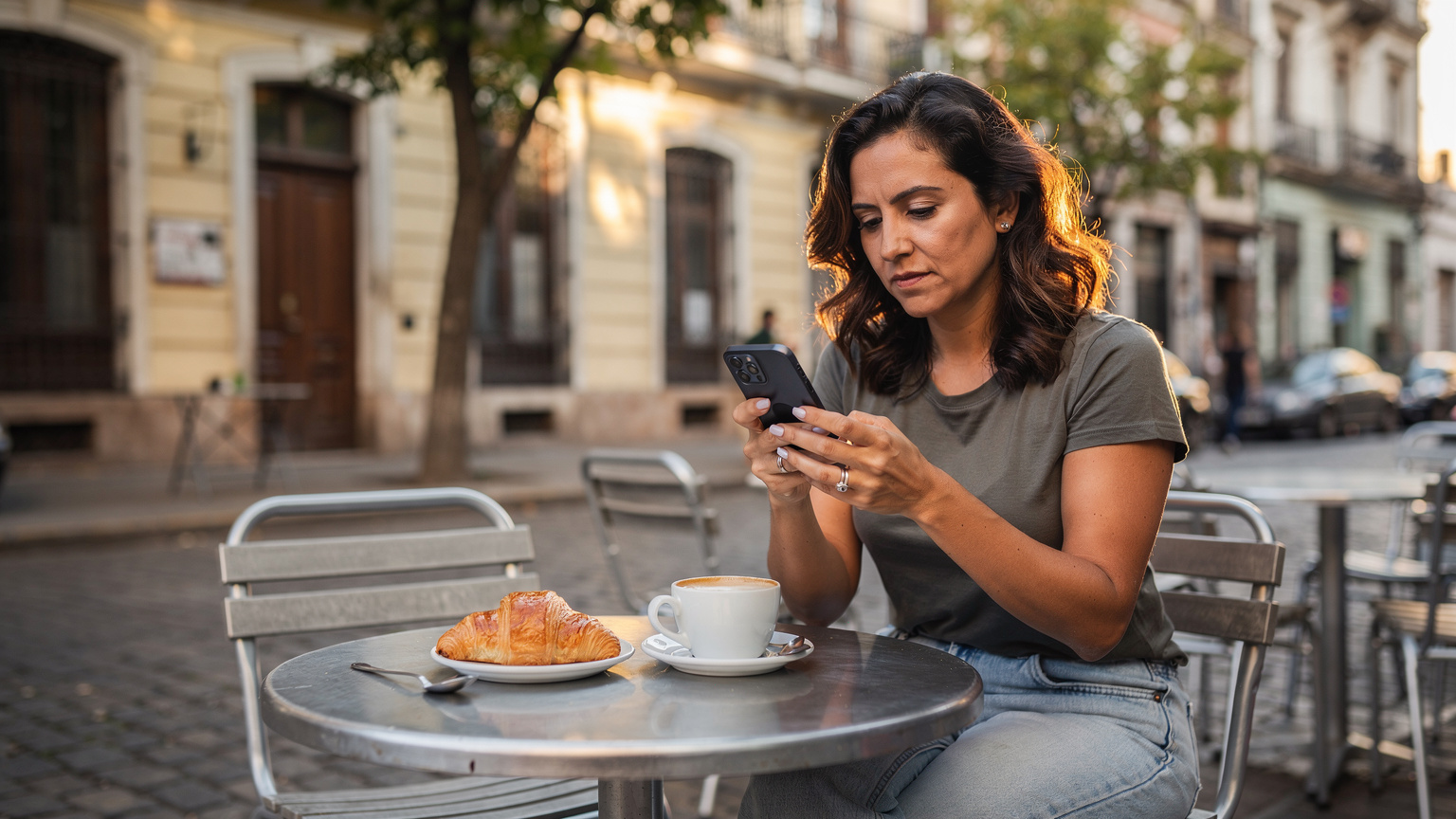 Uma mulher jovem em um café charmoso em Buenos Aires, verificando seu smartphone, com a arquitetura colonial ao fundo.
