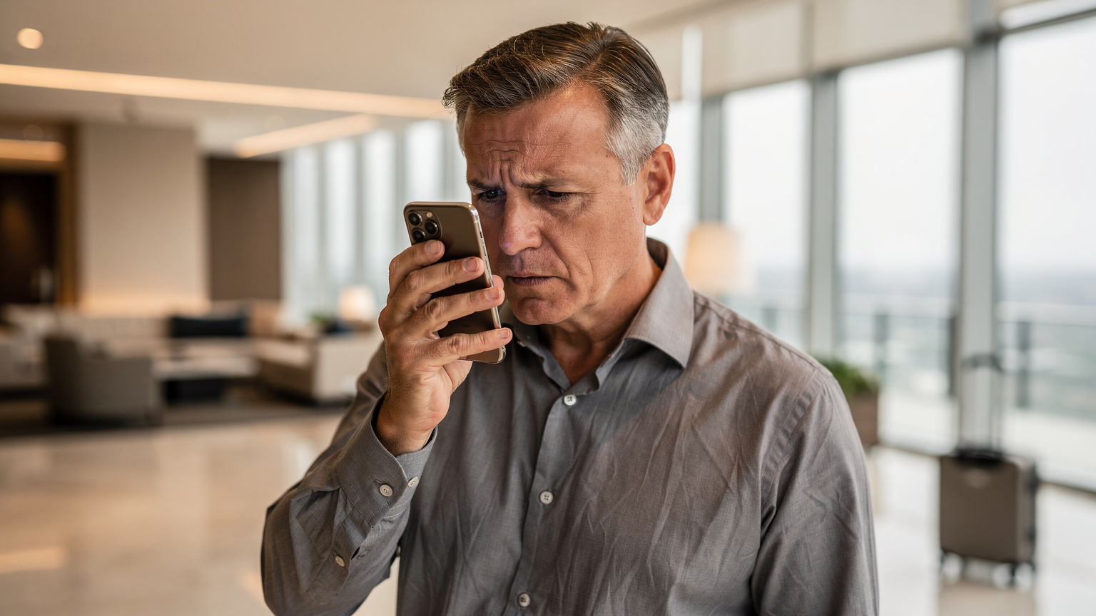 Um homem verificando as configurações de rede em seu smartphone em um saguão de hotel moderno, com uma expressão de concentração.