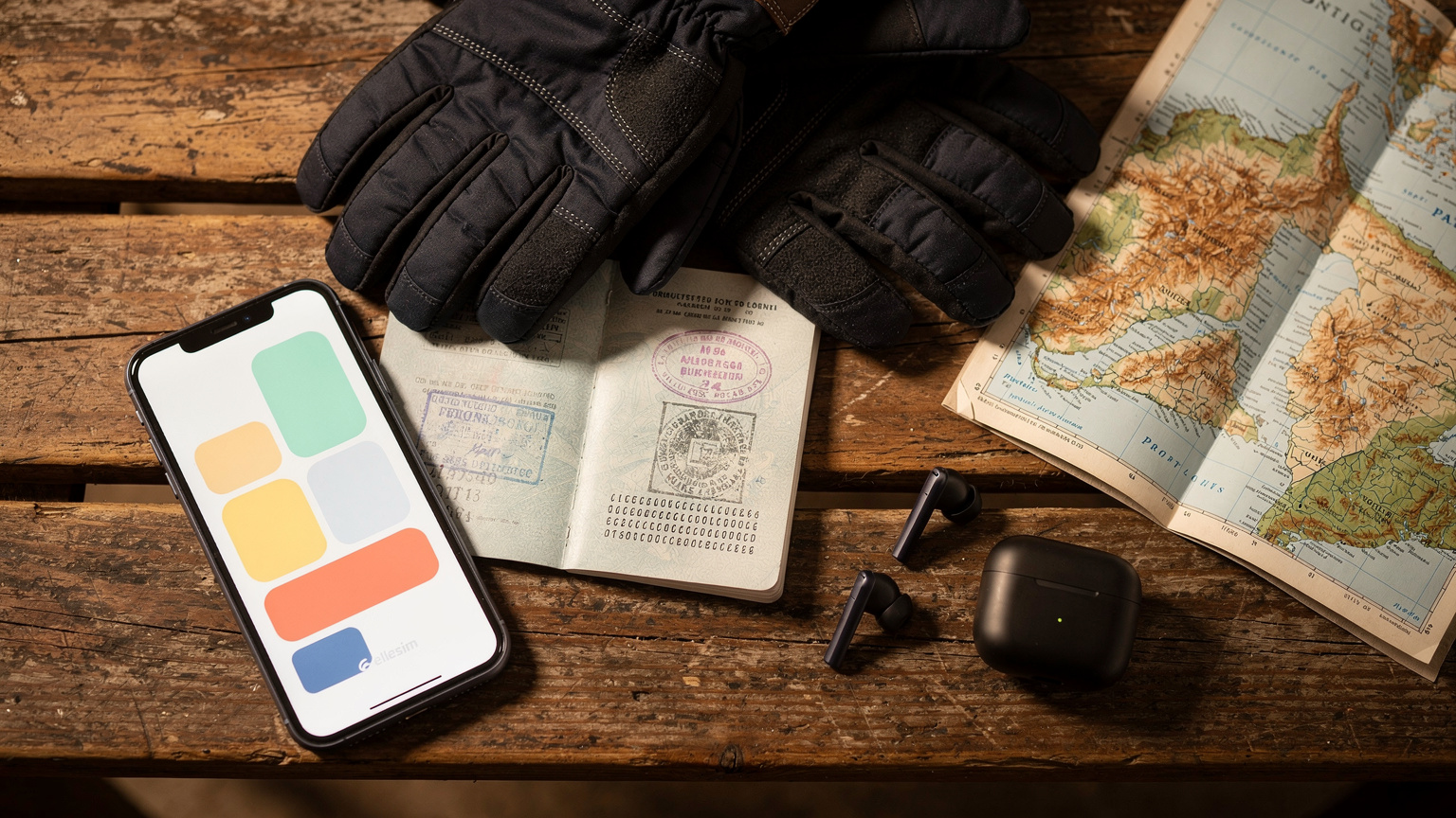 Una composición editorial de viaje con pasaporte, un smartphone con la pantalla de Cellesim, auriculares, un mapa de la Patagonia y unos guantes de esquí, todo sobre una superficie de madera rústica.