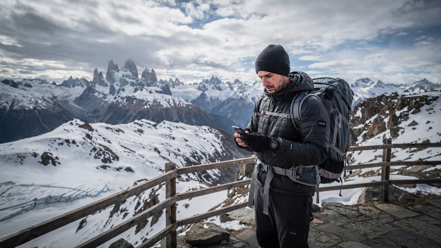 Un excursionista consulta su teléfono en un mirador con vistas a un valle nevado en los Andes, mostrando la importancia de la conectividad en la naturaleza.