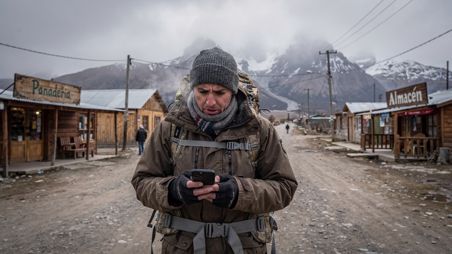 Un viajero con una mochila, mirando su teléfono con expresión de frustración en un pueblo montañoso con poca señal, ilustrando un problema de conectividad.
