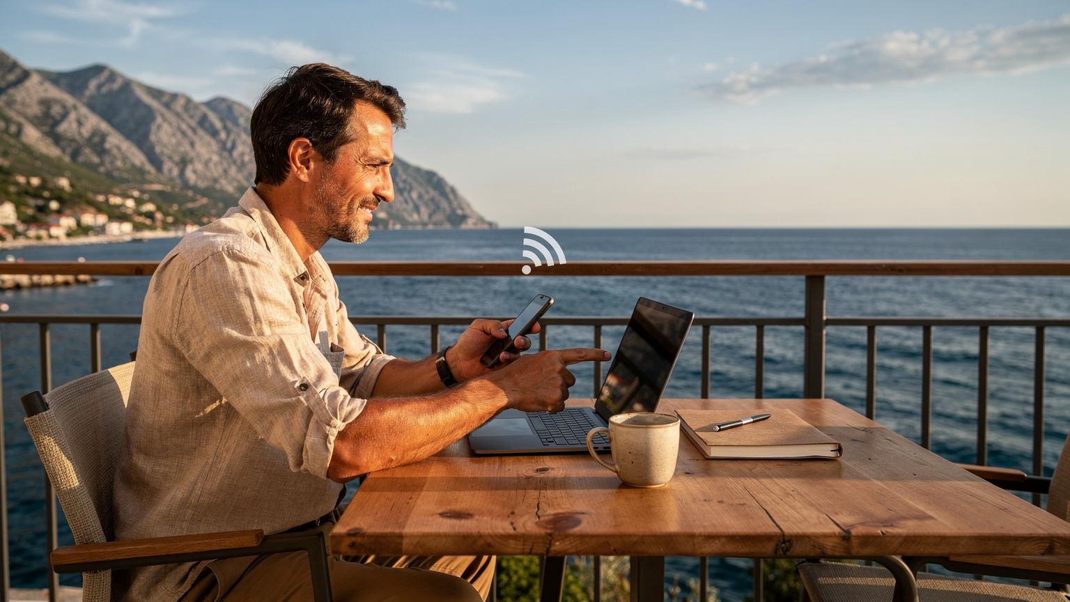 Digitální nomád sedí s laptopem a telefonem na terase s výhledem na moře v Černé Hoře, ukazuje na ikonku Wi-Fi na obrazovce.