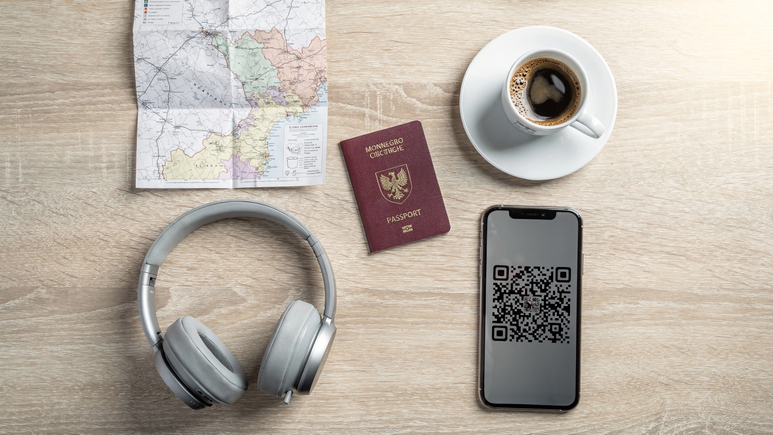 Přehledný flat-lay stůl s pasem, smartphonem s eSIM QR kódem, kávou a mapou, symbolizující moderní cestování a konektivitu.