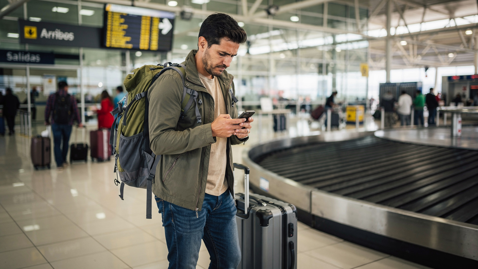 Un viajero en el Aeropuerto Internacional Mariscal Sucre de Quito, comprobando su teléfono con una expresión de ligera preocupación, rodeado de maletas y otros pasajeros. La luz es la típica de un interior de aeropuerto.