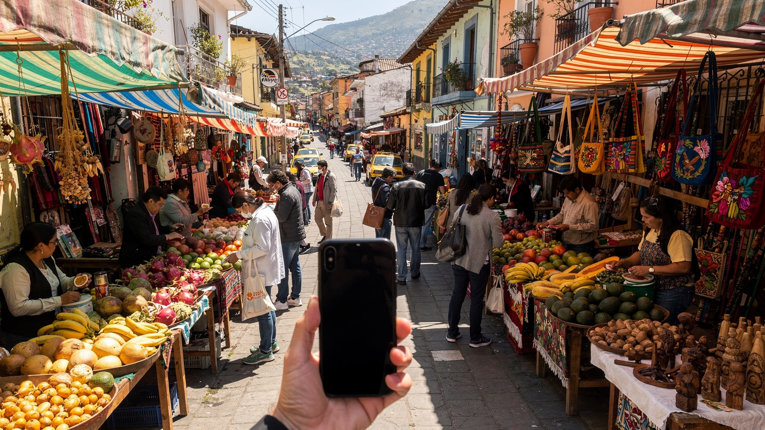 Un bullicioso mercado en el barrio de La Mariscal en Quito, con vendedores ambulantes ofreciendo frutas exóticas y artesanías. Una persona sostiene un teléfono con un mapa abierto, buscando una dirección. La luz es brillante, de mediodía.