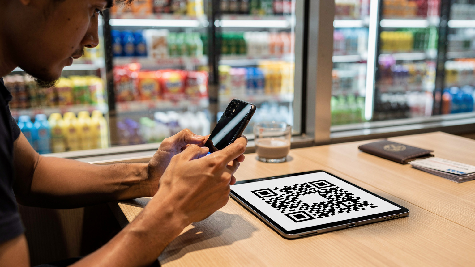 Tangan seorang pengembara Malaysia sedang mengimbas kod QR eSIM yang dipaparkan pada tablet dengan iPhone, di sebuah meja kafe yang ringkas, dengan latar belakang konbini Jepun yang sibuk.