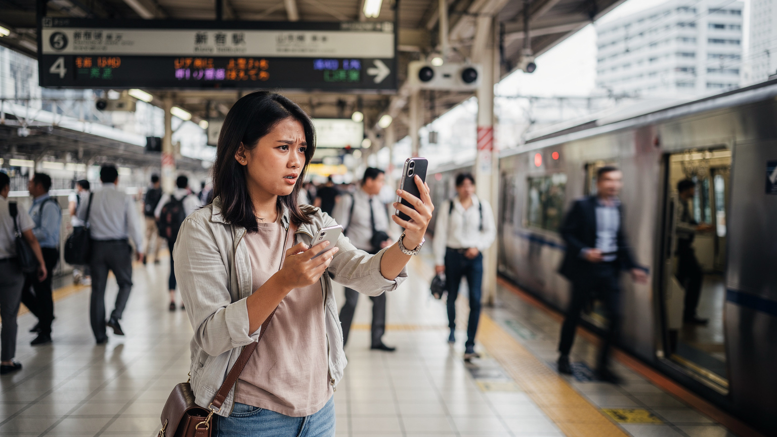 Seorang pengembara Malaysia kelihatan cemas memegang iPhone, cuba menyelesaikan masalah sambungan, di platform stesen keretapi yang sibuk di Shinjuku, Tokyo.