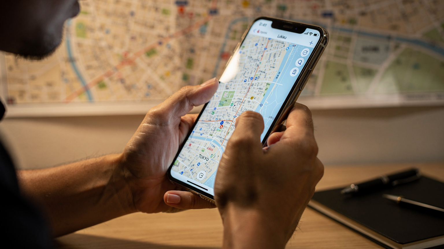 Tangan seorang pengembara Malaysia sedang menatal skrin iPhone, membandingkan pelbagai pelan eSIM untuk Jepun, dengan peta Tokyo terbuka di latar belakang.