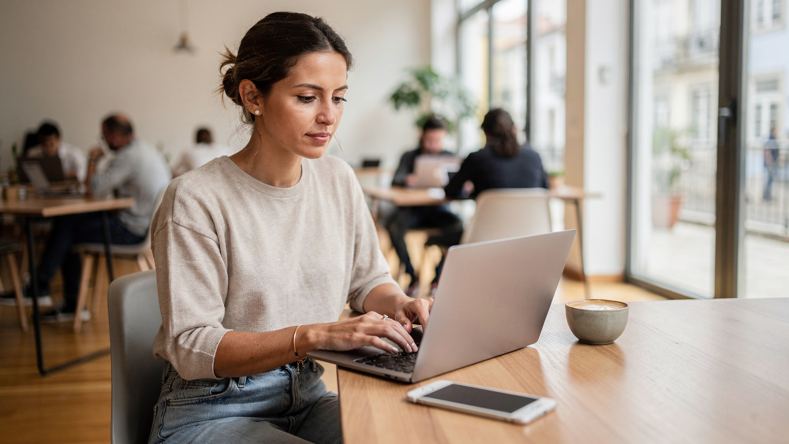 Een digitale nomade werkt geconcentreerd op haar laptop in een bruisende co-working space in Porto, met een kop koffie en een smartphone naast zich.