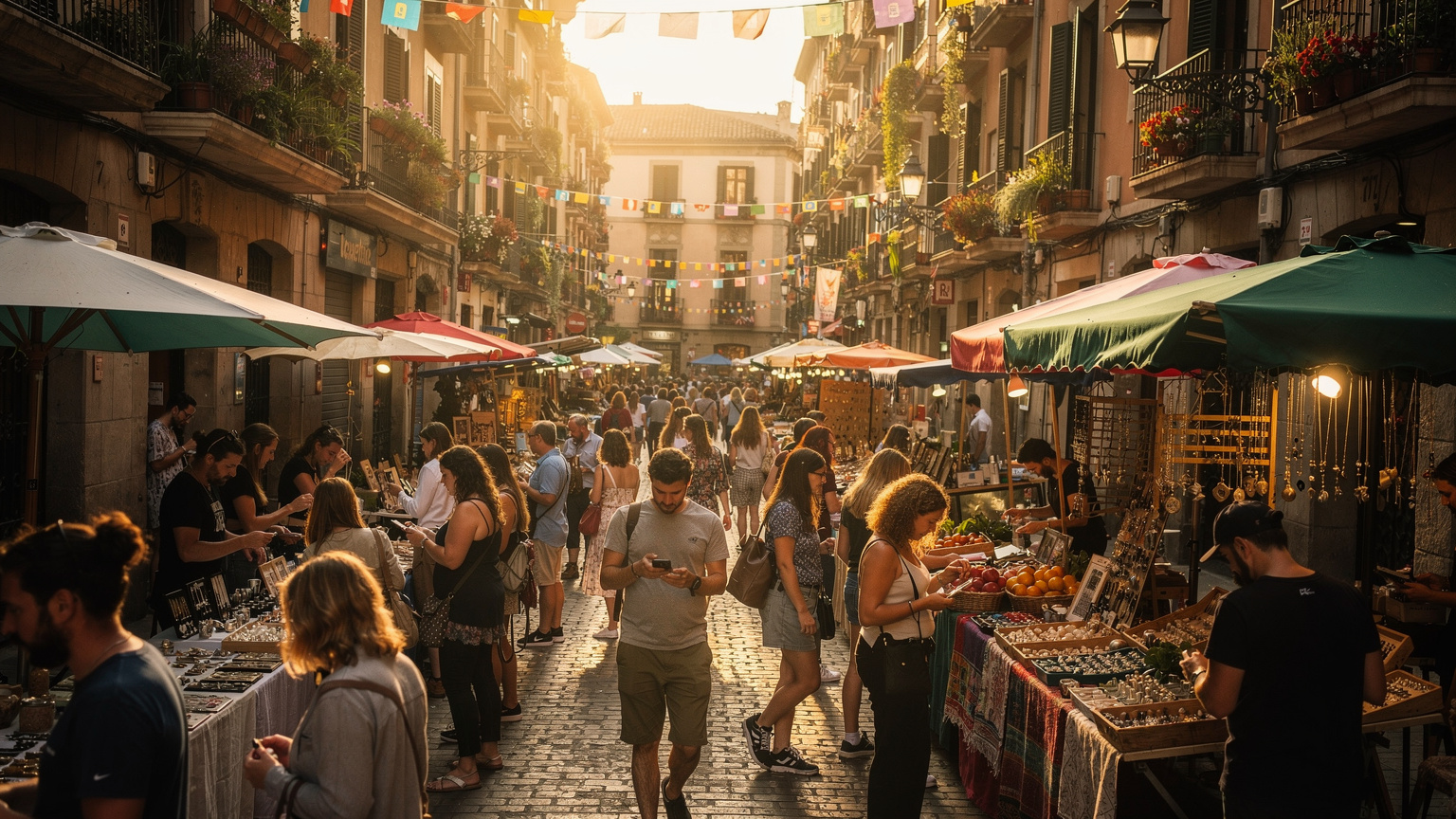 Een bruisende straatmarkt in het Gràcia district van Barcelona, vol met mensen, kraampjes en de architectuur van de stad, gezien vanaf een licht verhoogd standpunt.