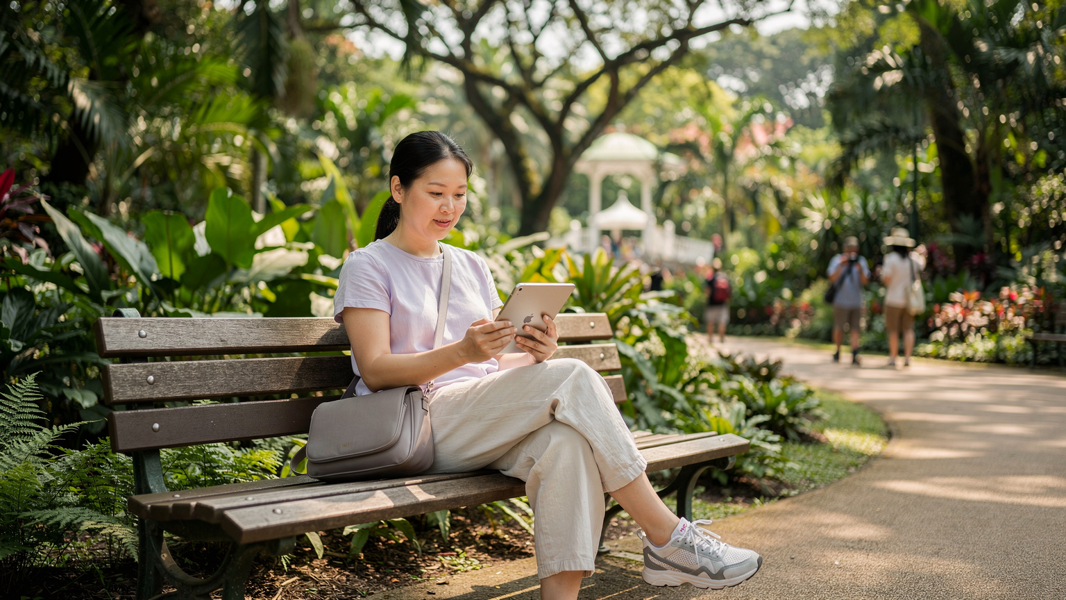 一位母亲在新加坡植物园的长椅上，手持一部现代iPad，屏幕上清晰显示着iOS的“屏幕使用时间”家长控制界面，背景是郁郁葱葱的热带植物和偶尔走过的游客。