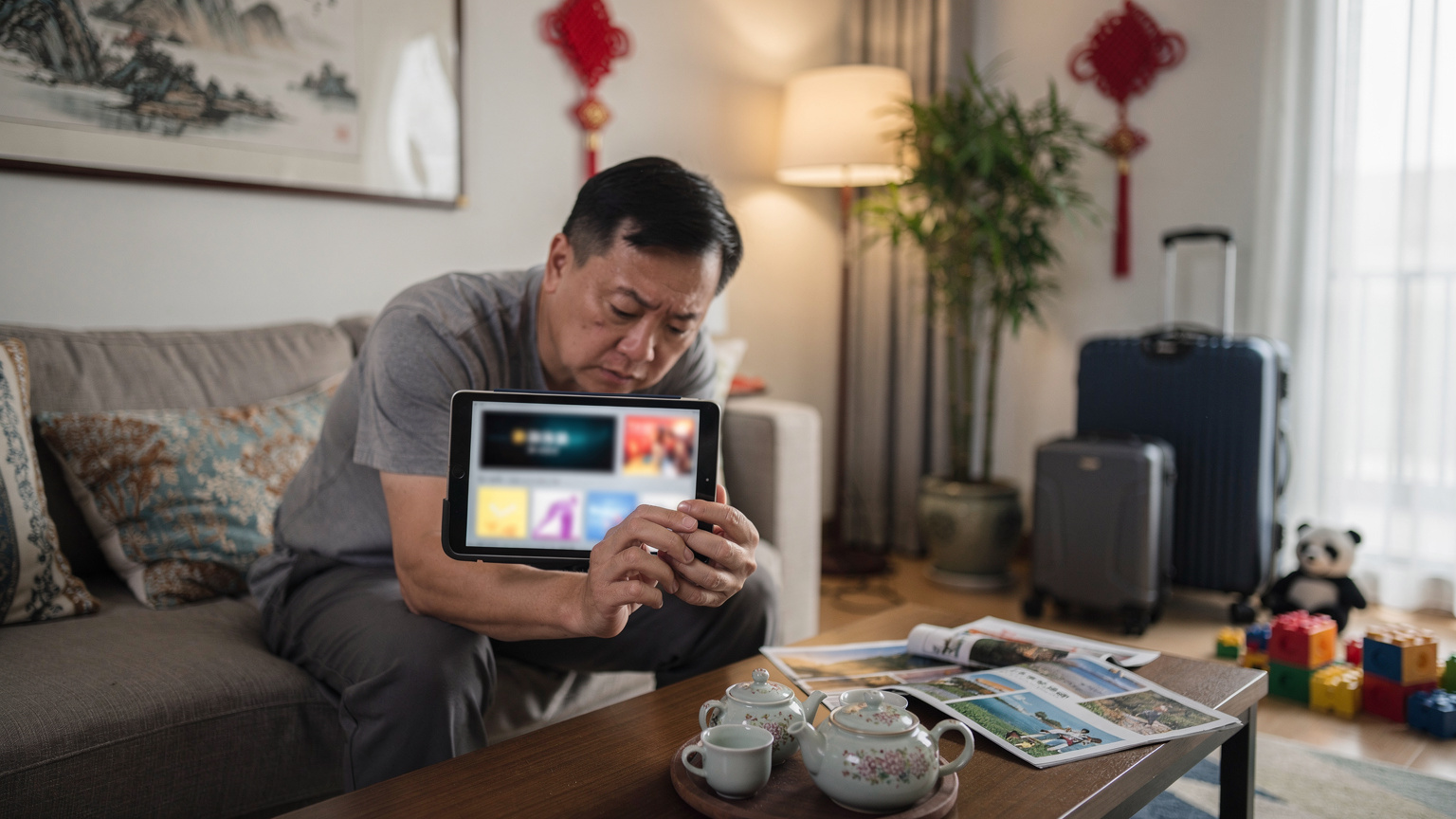 一位父亲在旅行前夕，专注地用手指点击平板电脑屏幕，上面显示着Netflix或Disney+的电影下载界面，旁边摆放着收拾好的行李箱和儿童玩具，暗示着为长途旅行做准备。