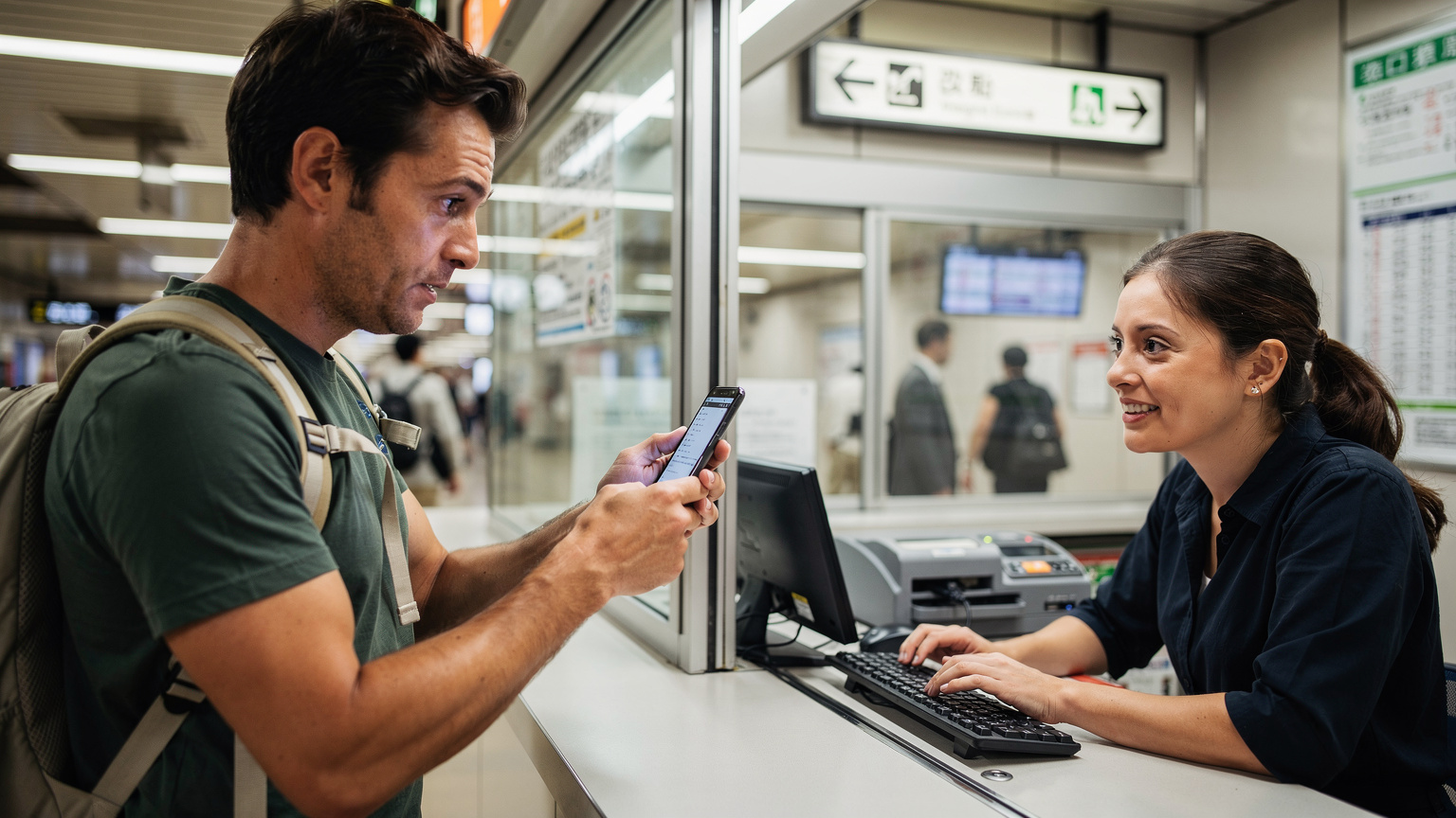 Ein Reisender hält ein Smartphone hoch und zeigt es einer freundlichen Person an einem Fahrkartenschalter in einem U-Bahnhof in Tokio, während er versucht, eine Verbindung herzustellen oder Informationen zu erhalten.