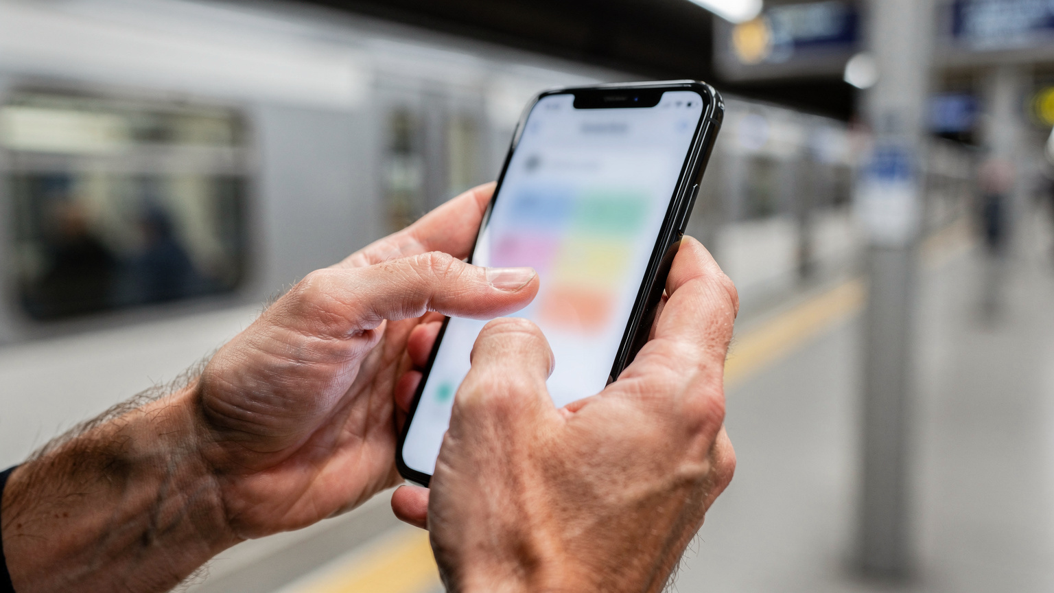 Eine Nahaufnahme zeigt die Hände einer Person, die auf einem Smartphone durch die Einstellungen blättert, um eine eSIM zu installieren, mit einer unscharfen, modernen U-Bahn-Station im Hintergrund.