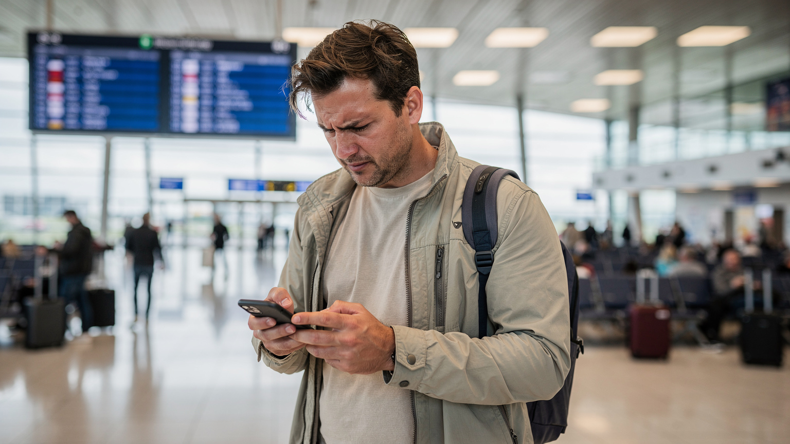 Ein Reisender am Flughafen Berlin Brandenburg (BER) versucht frustriert, seine eSIM zu aktivieren, während im Hintergrund ein Abflug-Board mit Verspätungen zu sehen ist.