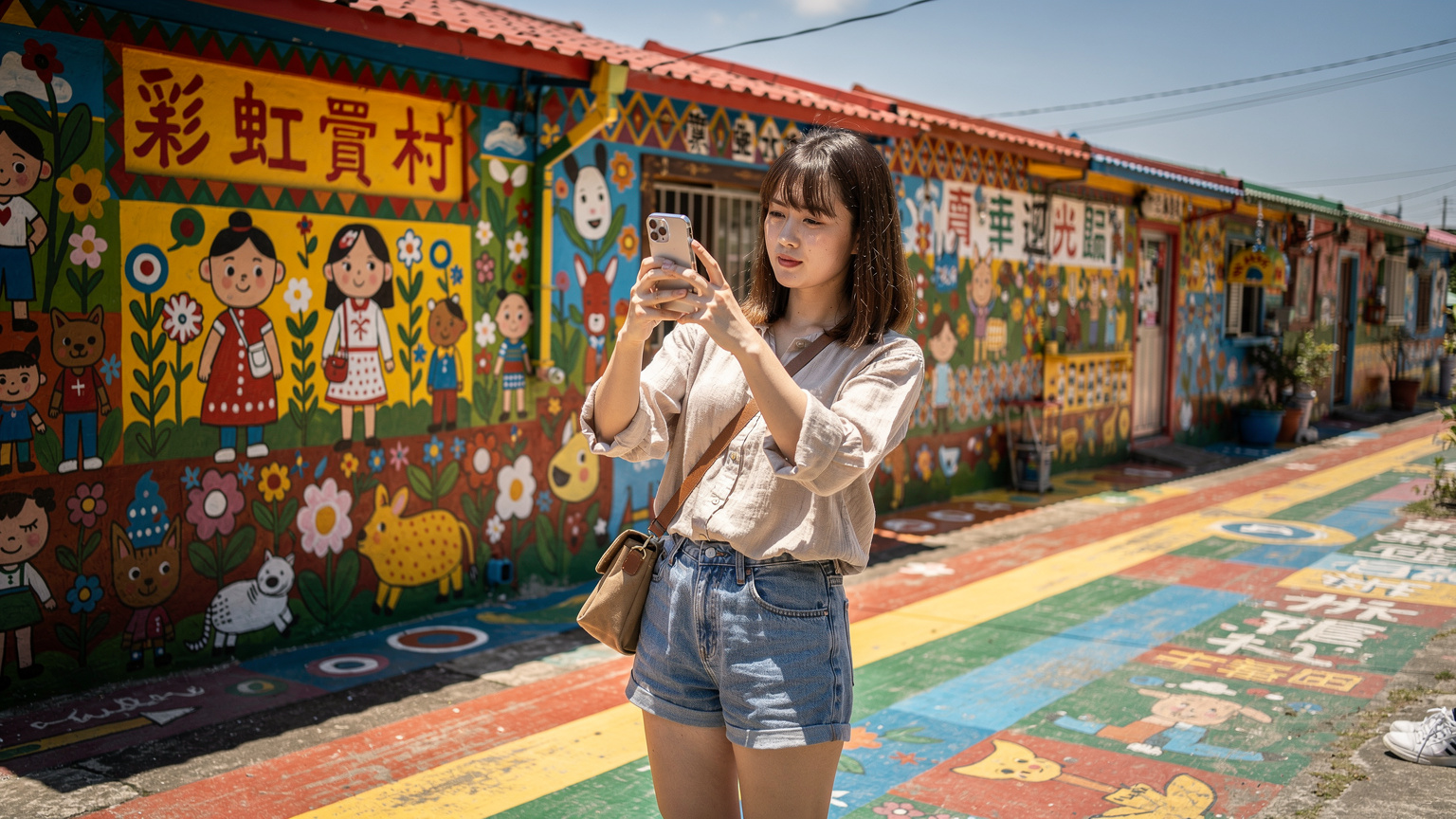 台中の彩虹眷村で、一人の女性がカラフルな壁画を背景にスマートフォンで写真を撮り、すぐにSNSにアップロードしている様子。