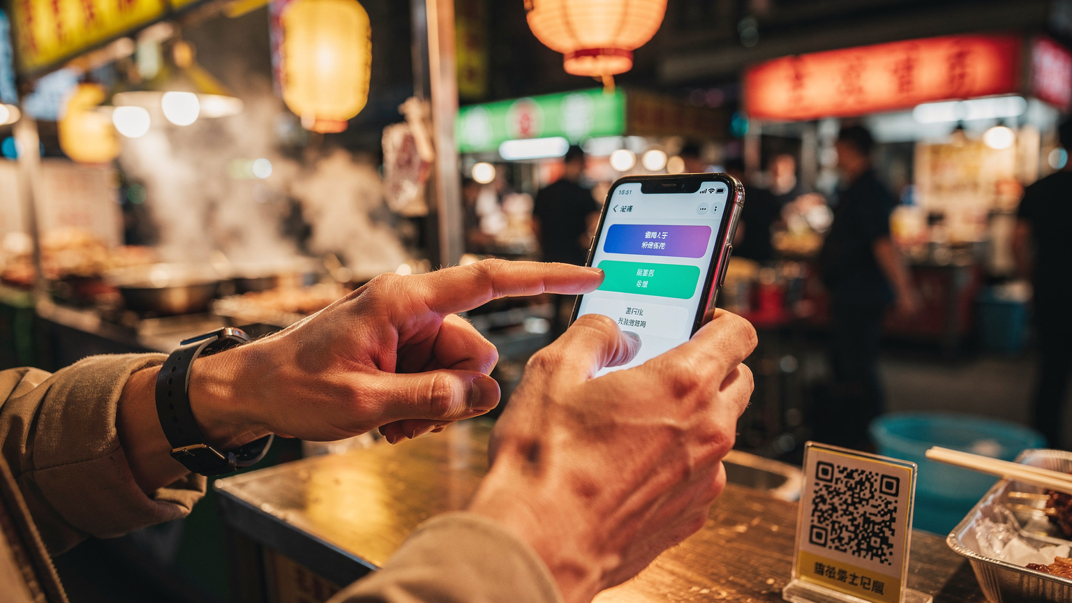 台北の寧夏夜市で、旅行者がスマートフォンを使い、屋台のメニューを翻訳したり、QRコード決済を利用したりしている手元のクローズアップ。