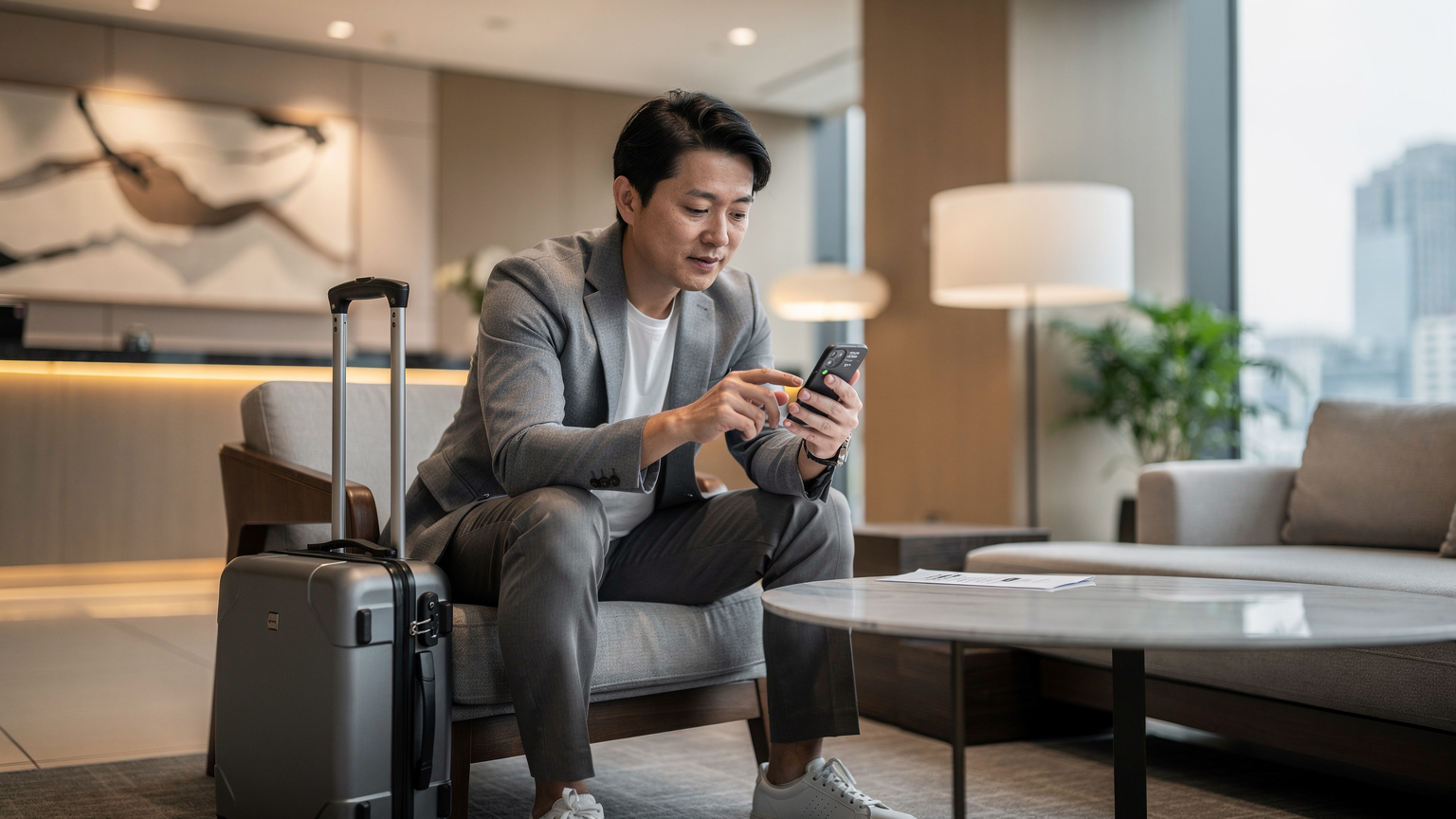 ソウル市内のホテルロビーで、出発前の日本人がスマートフォンを手にeSIMの設定画面を真剣に見つめ、接続状況をチェックしている様子。