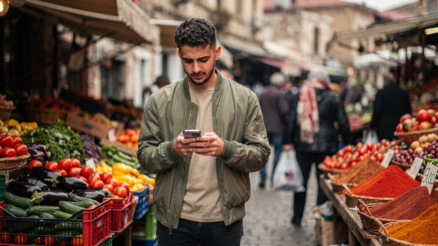 A digital nomad intently checking their phone in a bustling Tbilisi street market, surrounded by fresh produce and local vendors, highlighting the contrast between traditional life and modern connectivity needs.