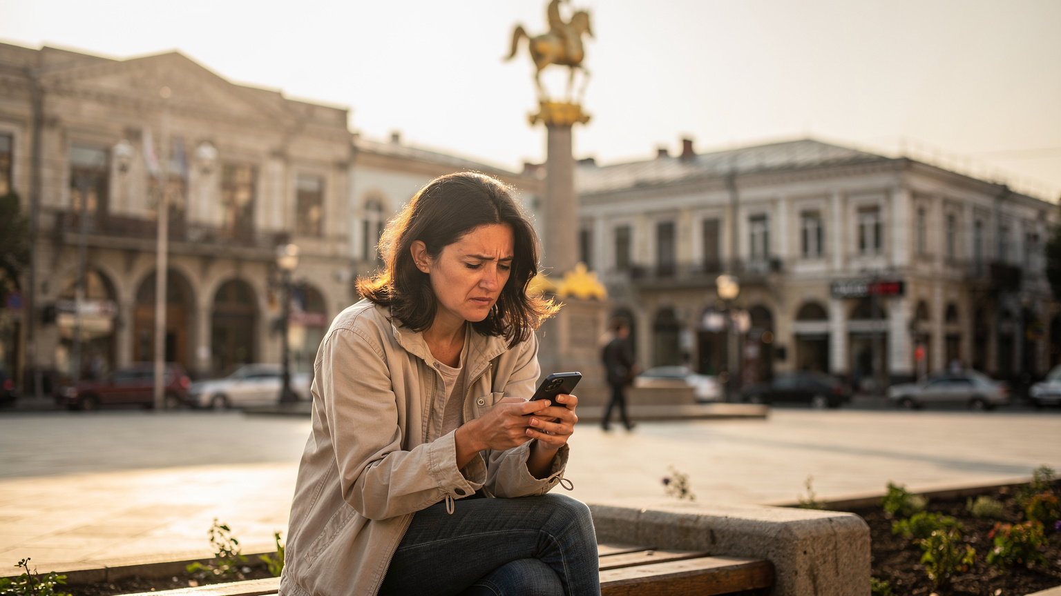 A digital nomad looking frustrated at their phone screen in a quiet corner of Tbilisi's Freedom Square, indicating connectivity issues, with the iconic St. George statue blurred in the background.
