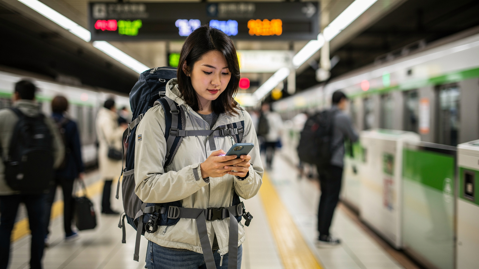 A traveller reviews their eSIM connectivity options on their smartphone while navigating a bustling train station in Tokyo, Japan, with a large backpack at their feet.