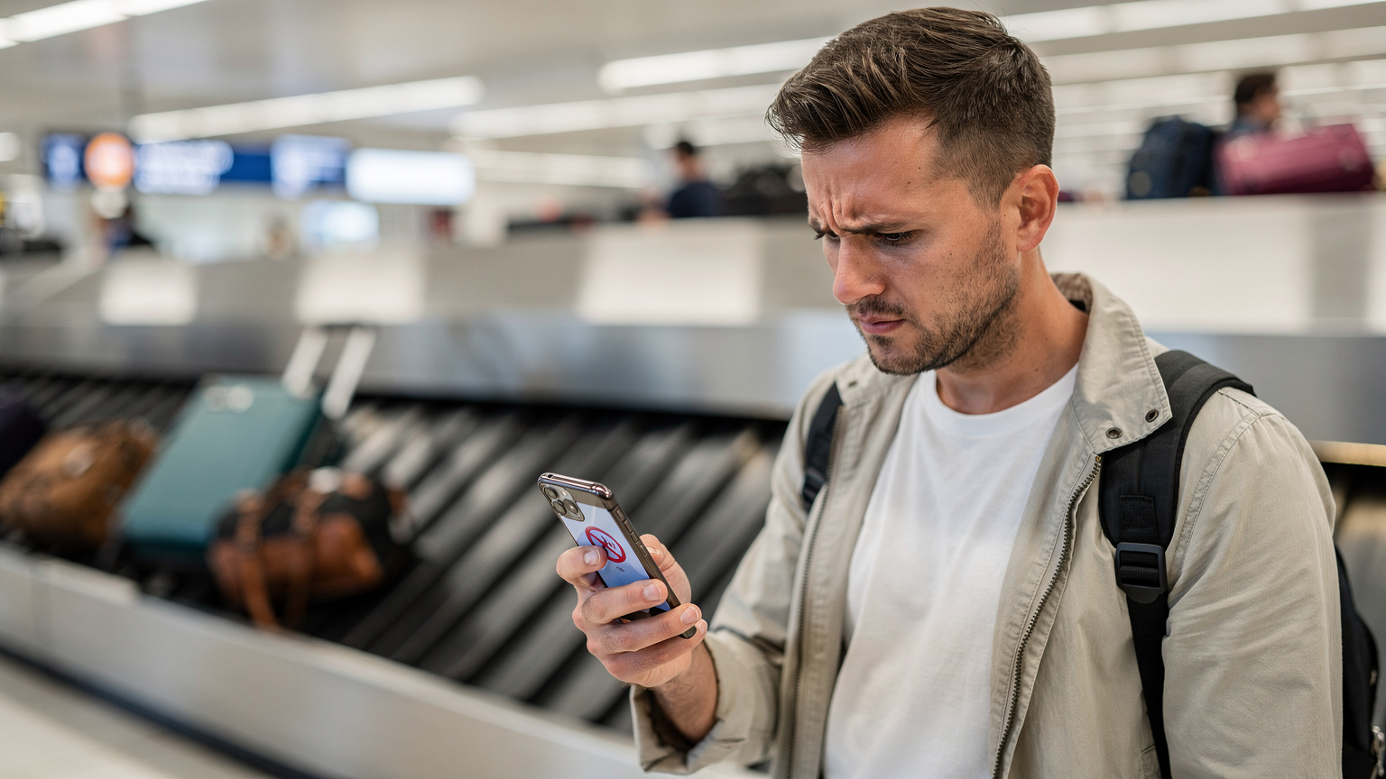 A frustrated traveller stands at an airport baggage carousel, looking concernedly at their smartphone which displays a 'no signal' icon, with their luggage slowly passing by.