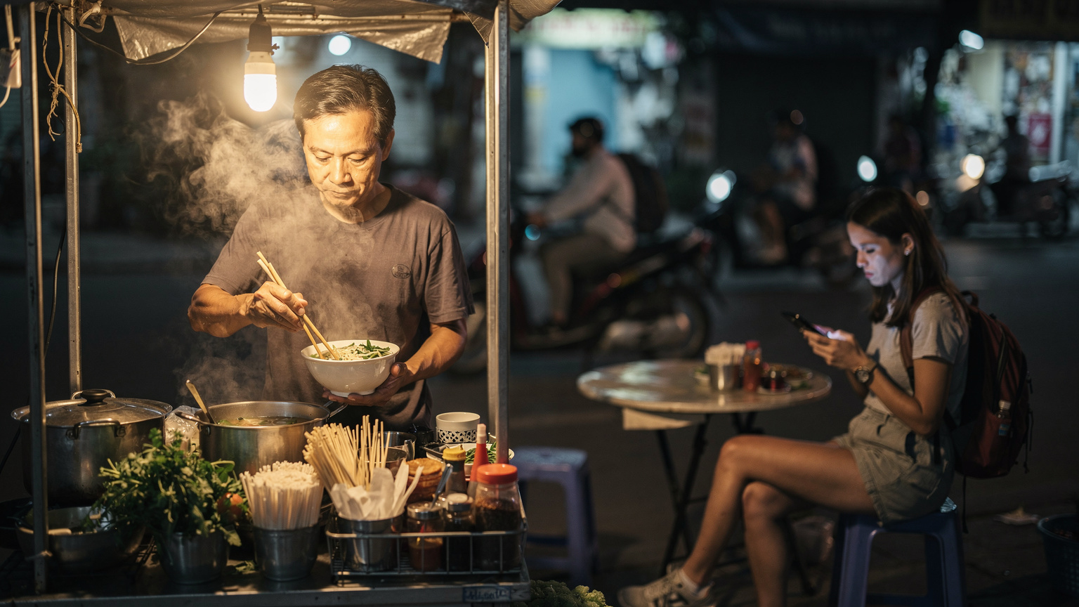 A street food vendor in Vietnam carefully prepares a bowl of pho, with a traveller in the background looking at their phone, suggesting local immersion and the need for data to navigate.