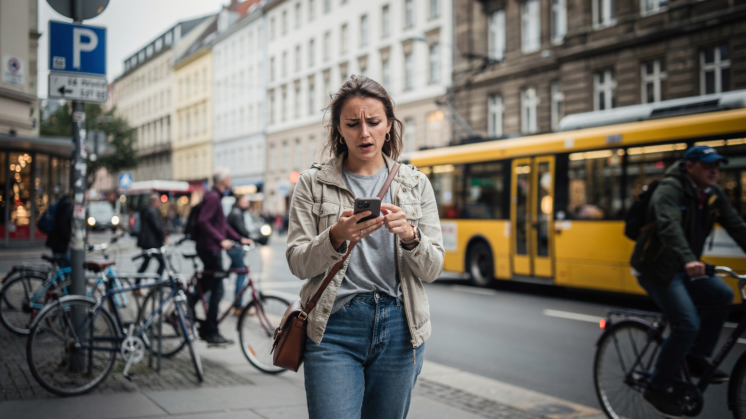 A traveler in Berlin's Mitte district, looking puzzled at her phone screen, searching for a local carrier store.