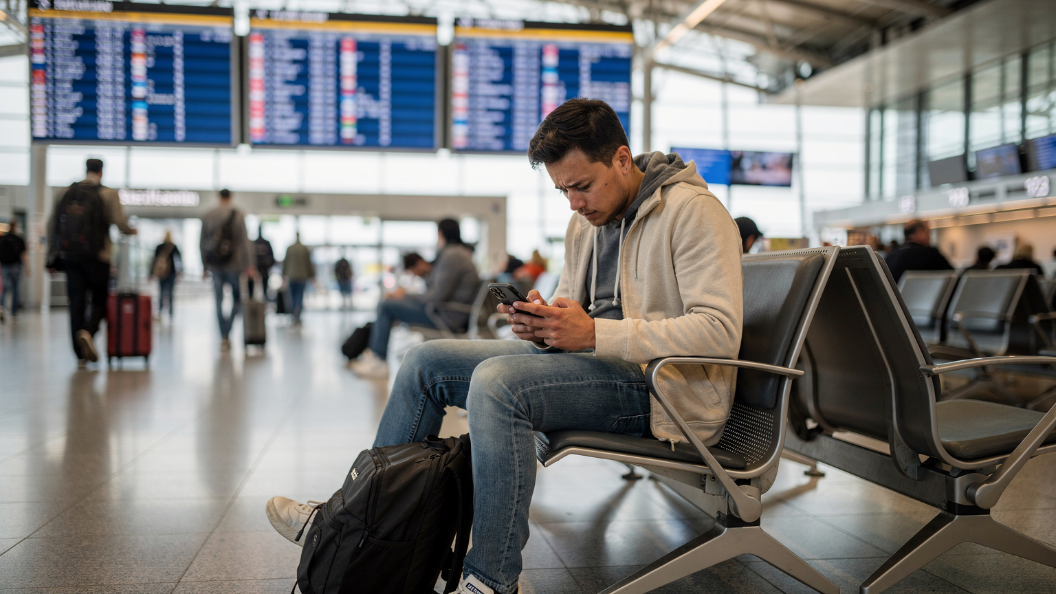 A person looking stressed, sitting on a bench at Frankfurt Airport (FRA), trying to troubleshoot their phone connectivity issue, with departure boards in the background.