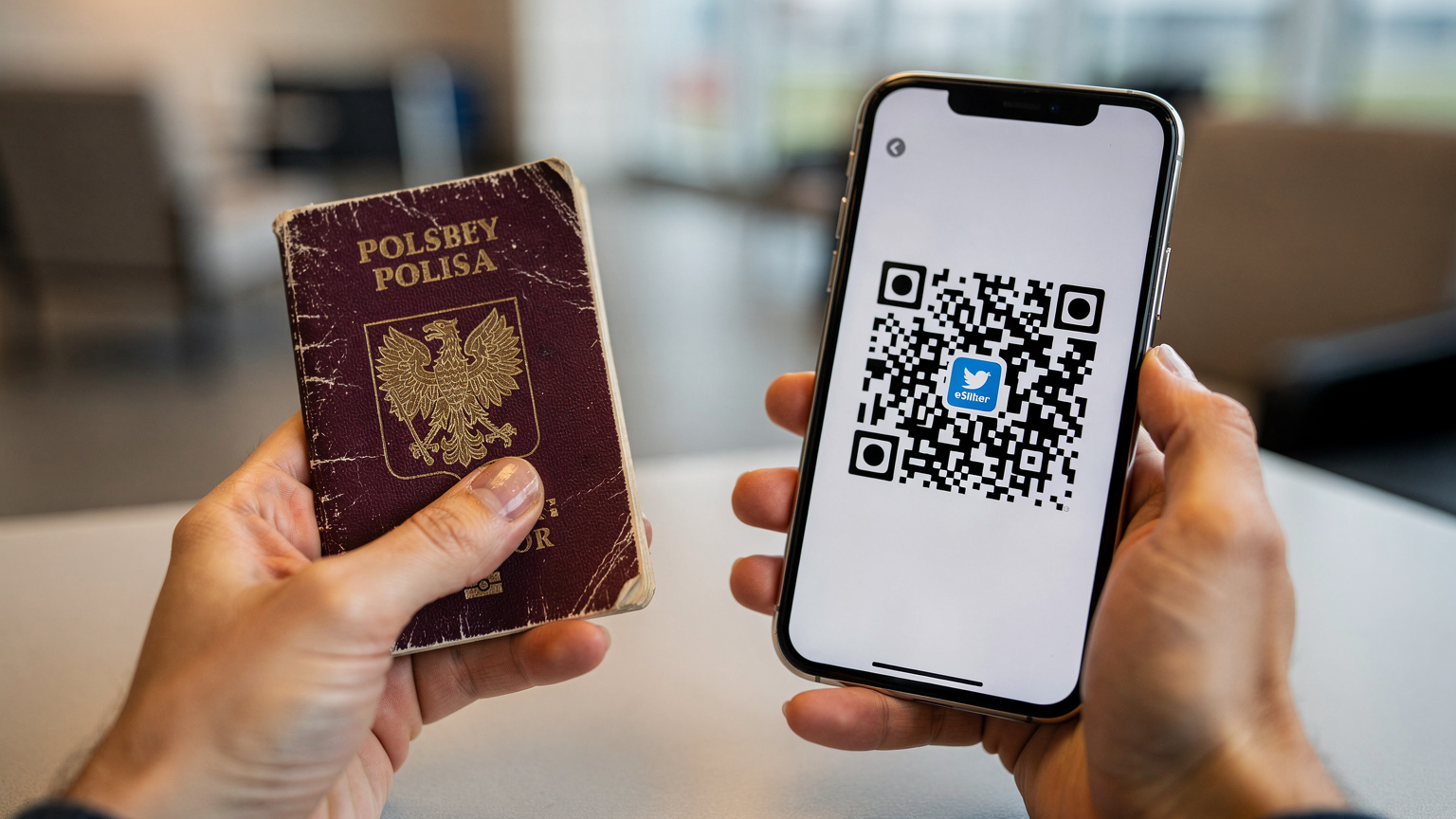 Zbliżenie na dłonie podróżnika trzymającego paszport i smartfon z otwartym ekranem pokazującym kod QR do aktywacji eSIM.