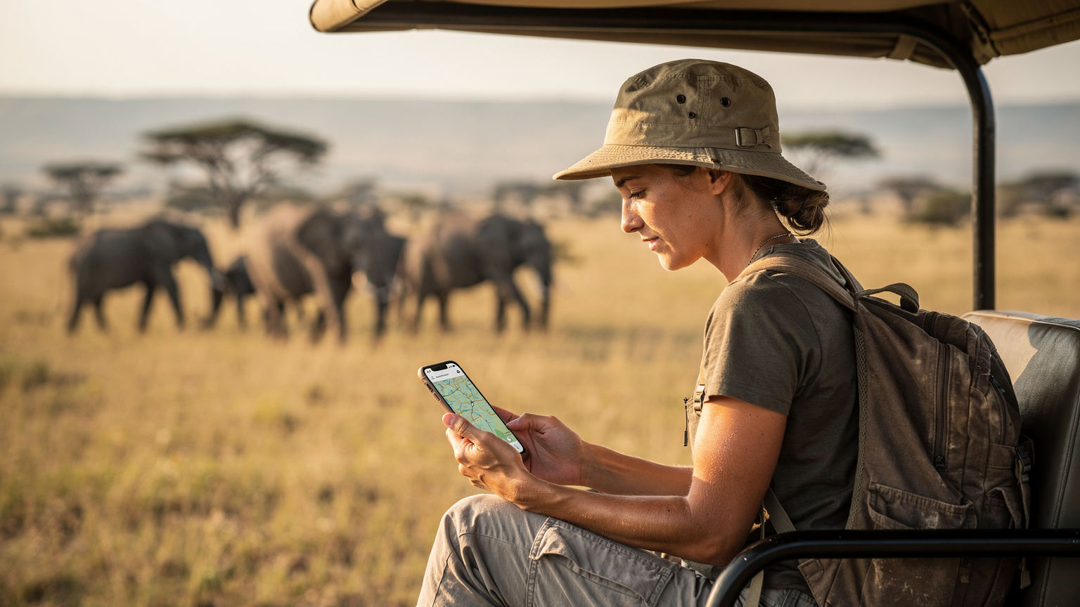Podróżniczka w samochodzie safari w Kenii, przeglądająca smartfon z mapą na tle słoni na sawannie.